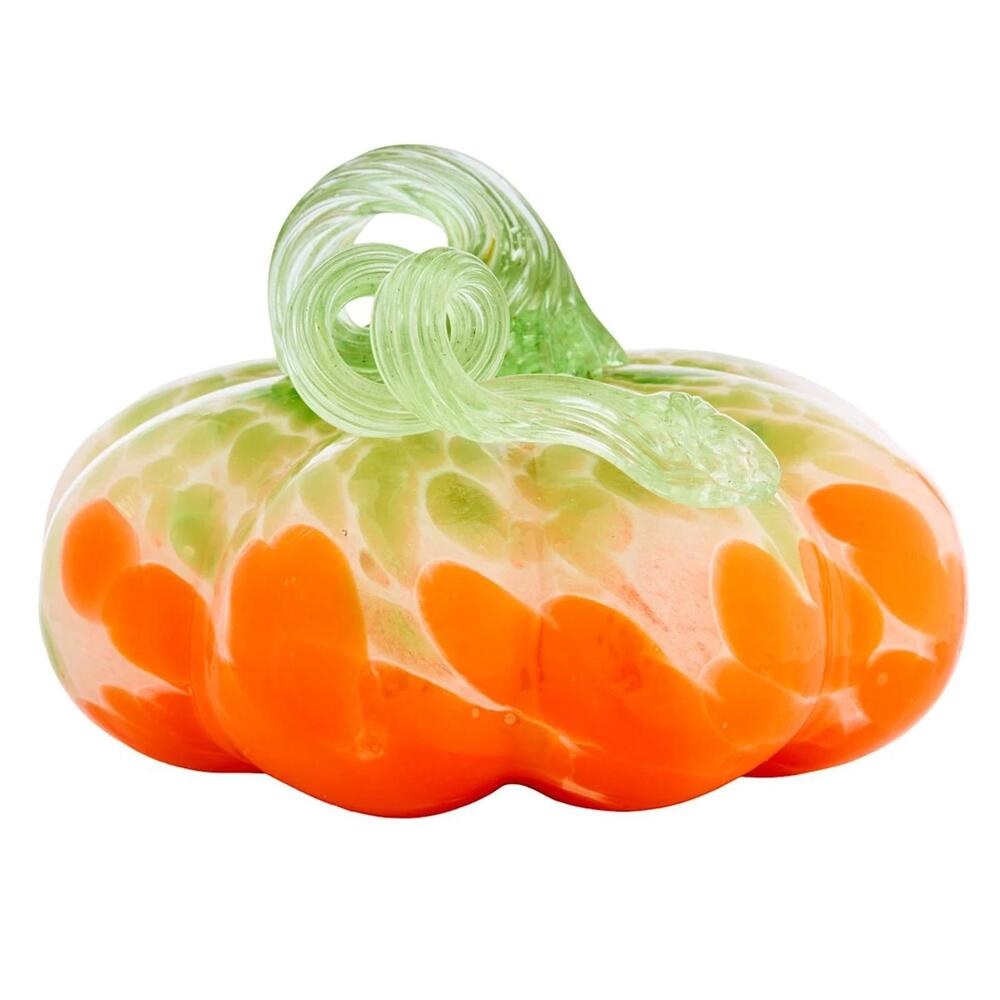 Art Glass Pumpkin Figurine Hand Blown Orange Green Mottled Fall Decor - Picture 3 of 5